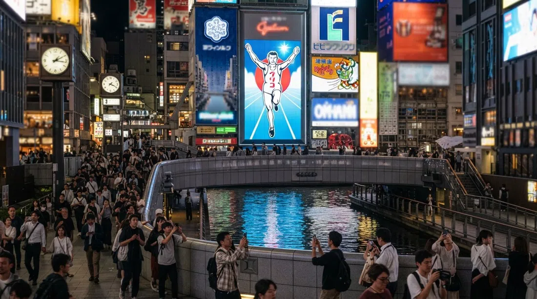 El cartel LED del Glico Running Man sobre el puente Ebisubashi de noche, reflejado en el canal con multitudes fotografiando el letrero