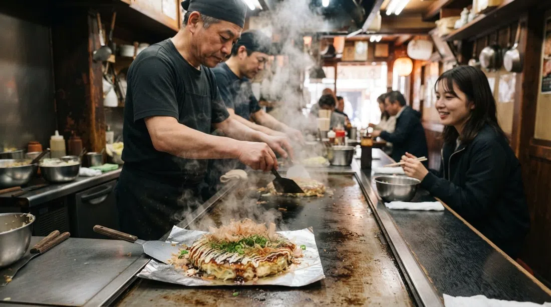 La barra caliente de Okonomiyaki Mizuno con un Yamaimoyaki recién cocinado, vapor elevándose en el interior del estrecho restaurante