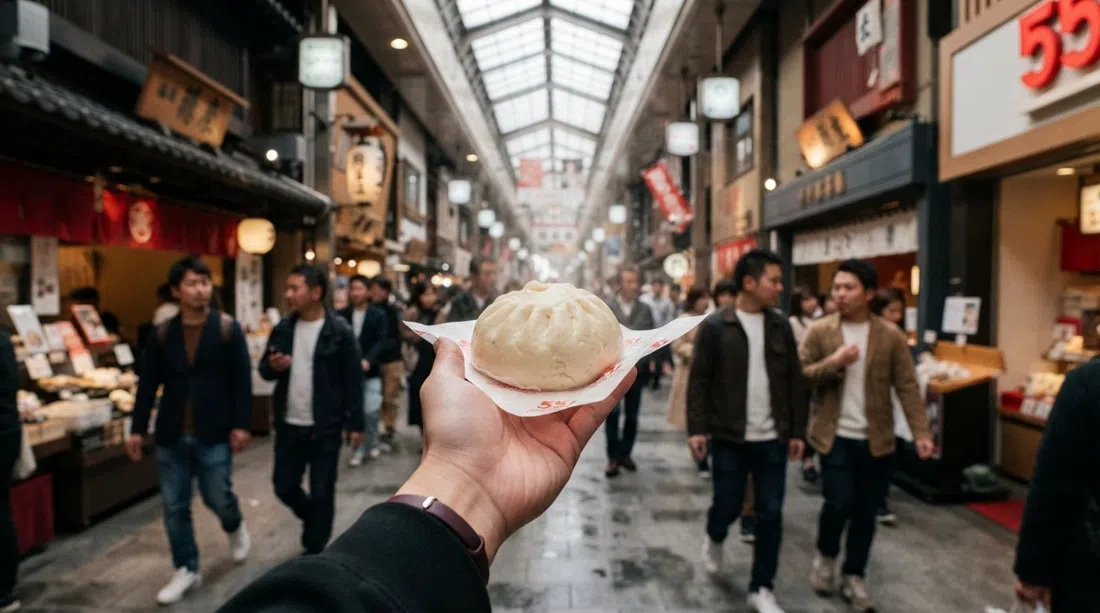 Un bollo butaman de 551 Horai sostenido en la mano dentro de la galería Ebisubashi-suji, vapor elevándose bajo la brillante calle cubierta