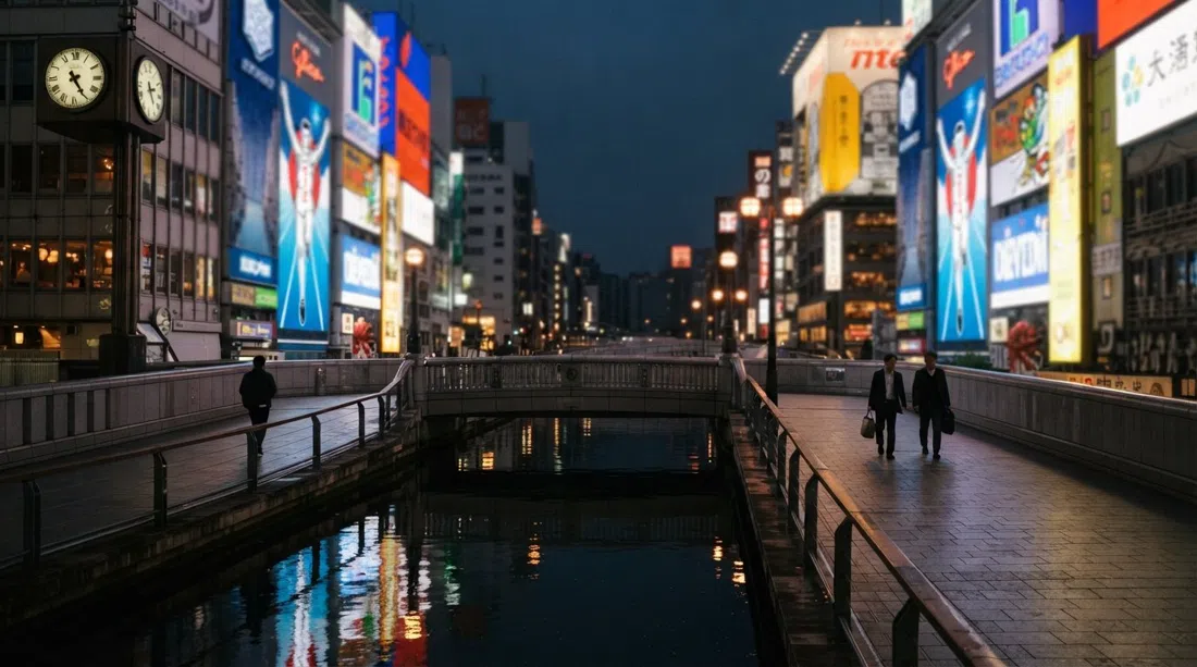 Puente Ebisubashi sobre el canal Dotonbori temprano por la mañana, acera vacía, letreros de neón reflejados en el agua quieta