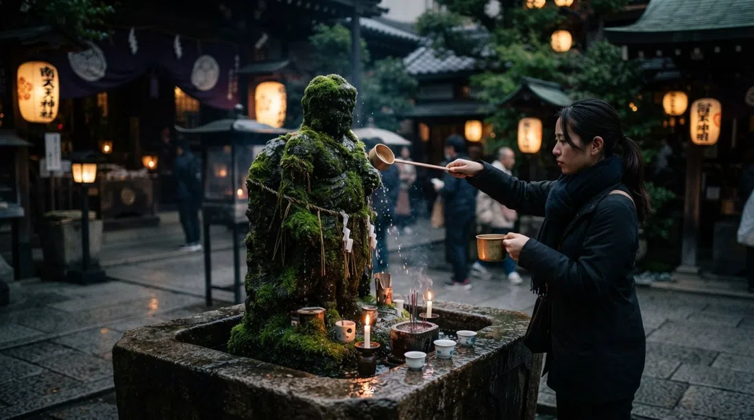 La estatua de Mizukake Fudo cubierta de musgo en el Templo Hozen-ji, gotas de agua sobre musgo verde en un patio iluminado por farolillos