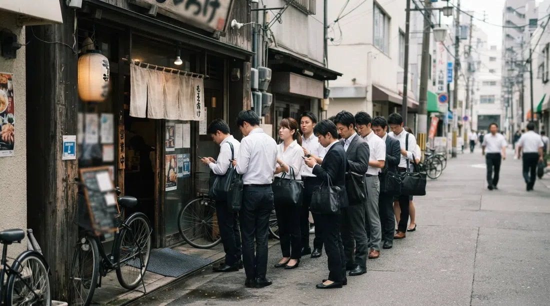La estrecha fachada de Moeyo Mensuke cerca de la estación JR Fukushima con una cola de oficinistas a la hora del almuerzo esperando ramen de pato