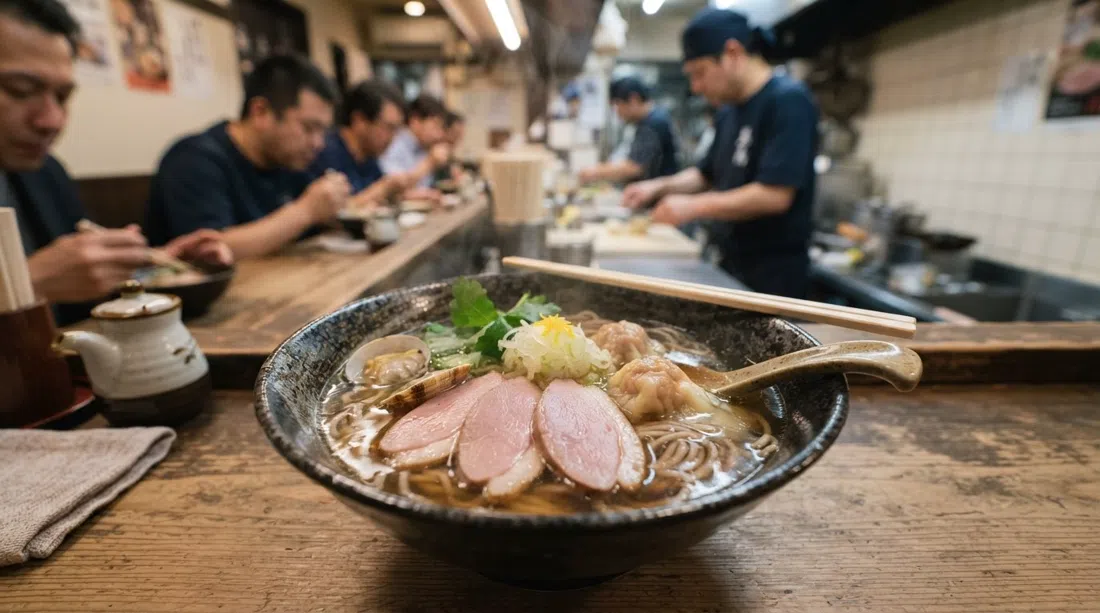 Un cuenco humeante de kamo soba de pato y marisco en Moeyo Mensuke, fideos finos en un caldo claro bajo la luz brillante de la barra