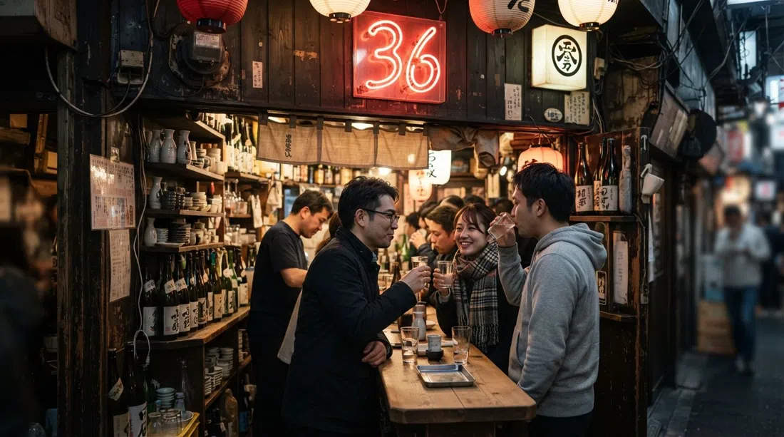 El letrero de neón "36" de Ponshuya Santoku Rokumi sobre un pequeño bar de sake de pie lleno de botellas y algunos bebedores hombro con hombro