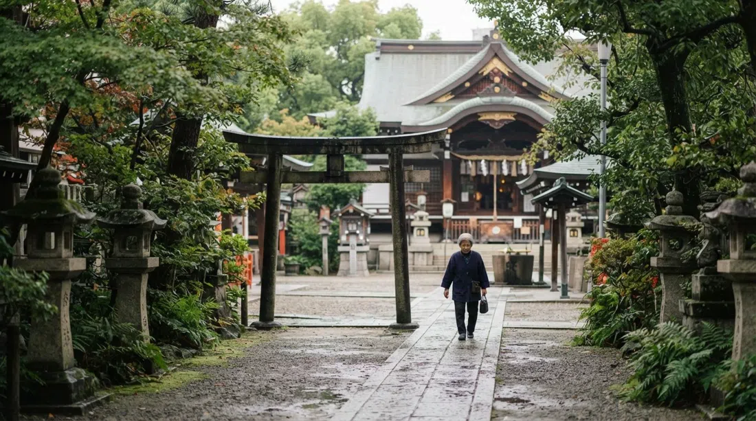 La tranquila entrada del santuario Fukushima Tenmangu en la luz suave de la mañana, con el pequeño torii y los terrenos simples vacíos de multitudes
