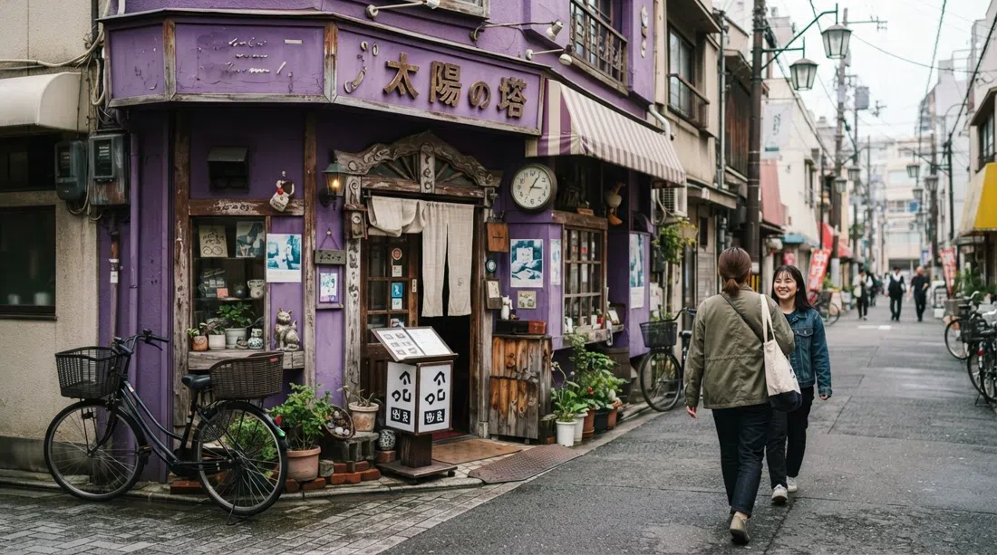 la fachada de color púrpura brillante de Taiyo no To en Nakazakicho, con su letrero de jun-kissa de la vieja escuela y una vista tranquila de la calle durante el día