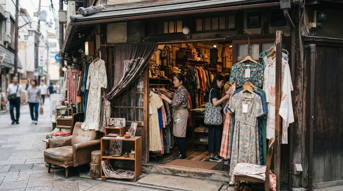 Green Pepe en una casa antigua convertida, con vestidos vintage, muebles retro y revistas viejas derramándose a través de una puerta estrecha