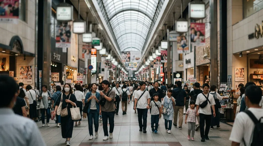 la galería Shinsaibashi-suji con techo de cristal en Osaka, con compradores bajo la luz del día, fachadas de grandes almacenes y letreros de marcas que se pierden por la calle cubierta