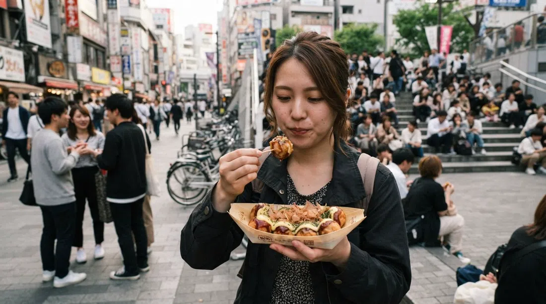 una caja de takoyaki de Kougaryu frente a Triangle Park en Osaka, bolas de pulpo crujientes glaseadas con salsa y mayonesa de yema de huevo casera, comidas de pie a nivel de calle