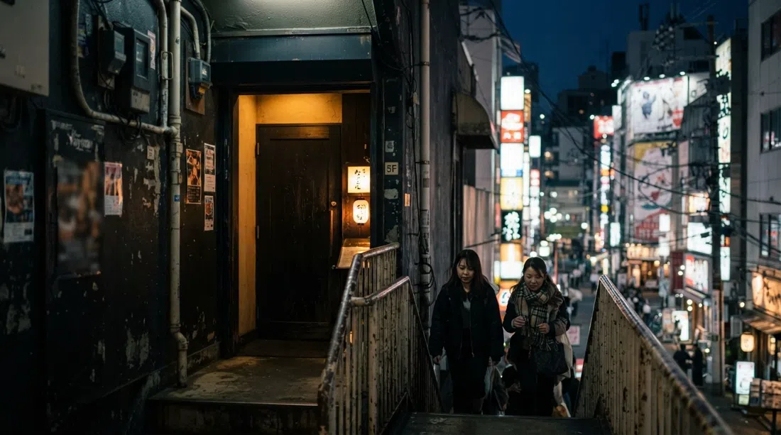 la puerta del quinto piso de Bar Nayuta cerca de Triangle Park en Osaka, entrada discreta de un bar de cócteles por una escalera con luz cálida vespertina y una vista estrecha de la ciudad