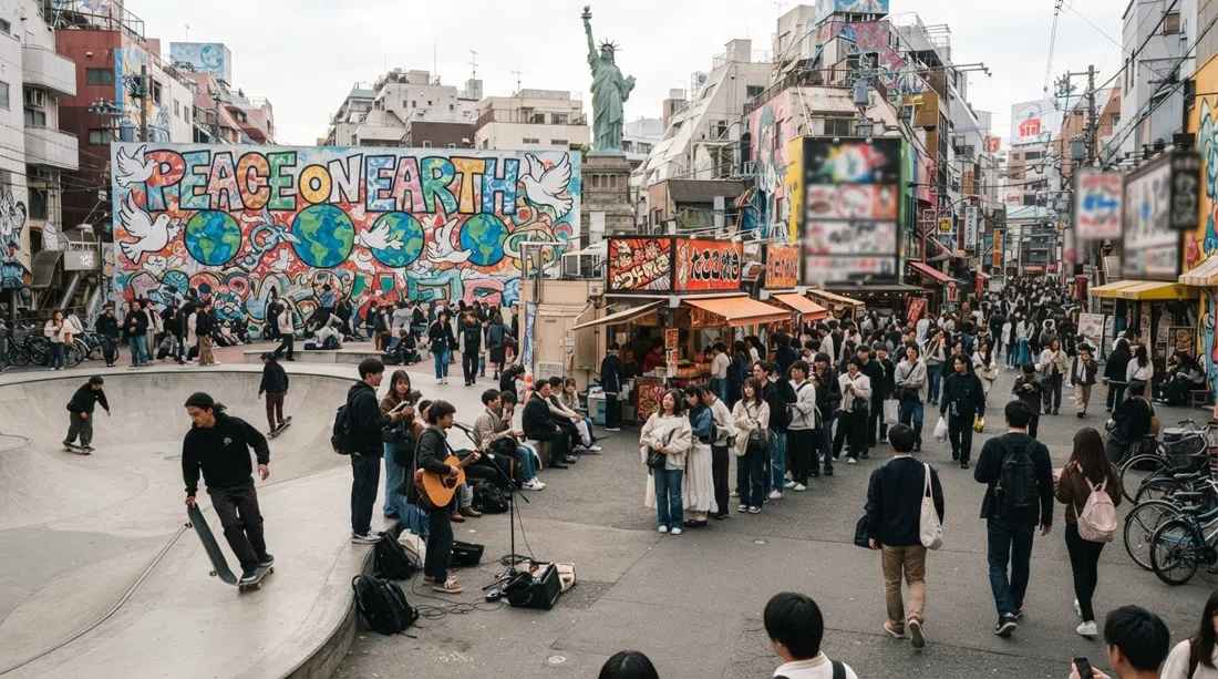 Triangle Park en Amerikamura en una tarde concurrida, skaters, músicos callejeros y colas de takoyaki bajo el mural Peace on Earth y la Estatua de la Libertad en la azotea