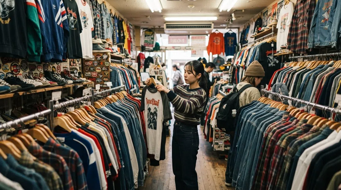 el interior de una tienda vintage en Amerikamura, percheros abarrotados de ropa deportiva retro, camisetas de bandas y denim bajo luz fluorescente con energía densa de compras de segunda mano