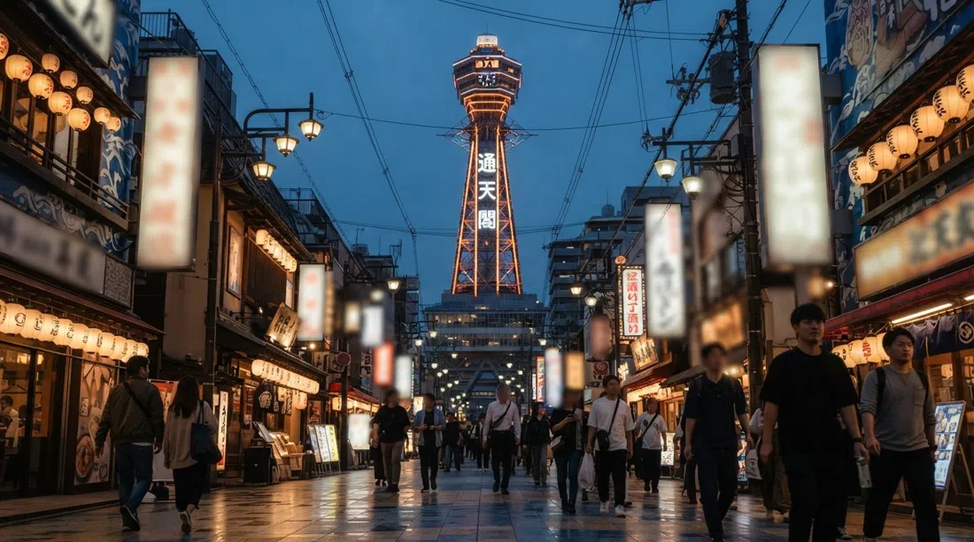 Torre Tsutenkaku elevándose sobre Shinsekai al atardecer, con neones empezando a brillar alrededor del armazón de acero de 103 metros y la señalética de Billiken