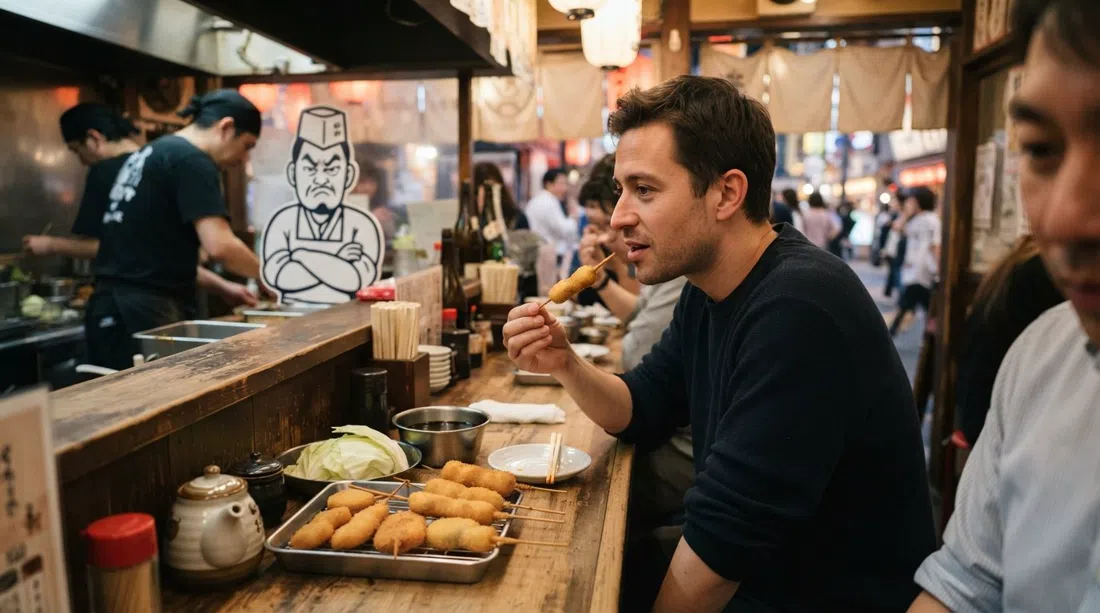 Kushikatsu Daruma cerca de Tsutenkaku, con el logo del chef ceñudo, iluminación brillante del mostrador y un plato de brochetas variadas en sebo de res