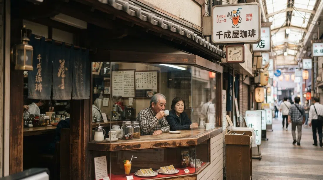 Sennariya Coffee en el extremo sur de Jan-Jan Yokocho, ventana de un kissaten retro con jugo mixto, sándwiches y luz matinal cálida