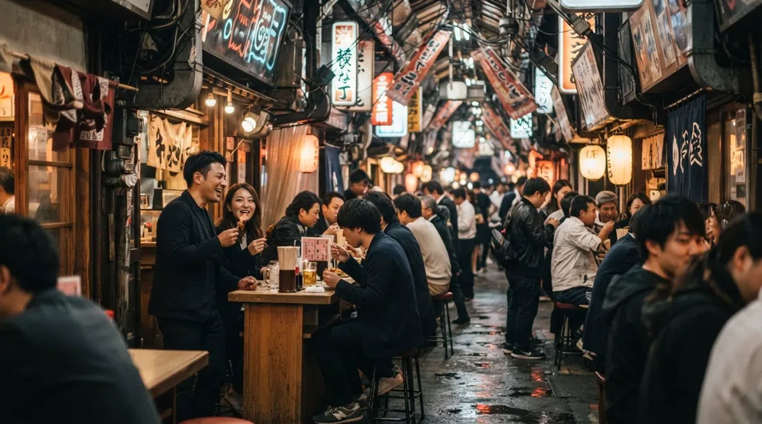 Jan-Jan Yokocho de noche, neón reflejado en el suelo del callejón cubierto, multitudes en bares de pie y mostradores de kushikatsu brillando bajo letreros retro
