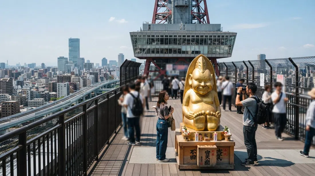 Plataforma de observación de la Torre Tsutenkaku con la estatua dorada de Billiken, vistas del horizonte de la ciudad y la plataforma superior al aire libre bajo luz brillante del día