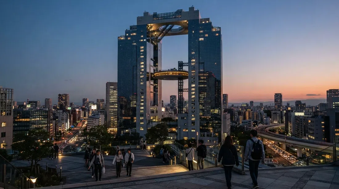 Las torres gemelas del Edificio Umeda Sky y el Observatorio del Jardín Flotante circular elevándose sobre Osaka al atardecer, con cristales espejados captando la última luz