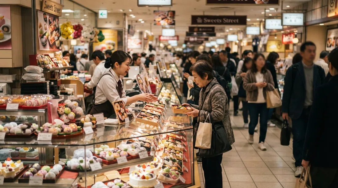 El depachika del sótano de Hankyu Umeda Main Store, con la Calle de los Dulces y mostradores de bento brillando bajo la luz de los grandes almacenes