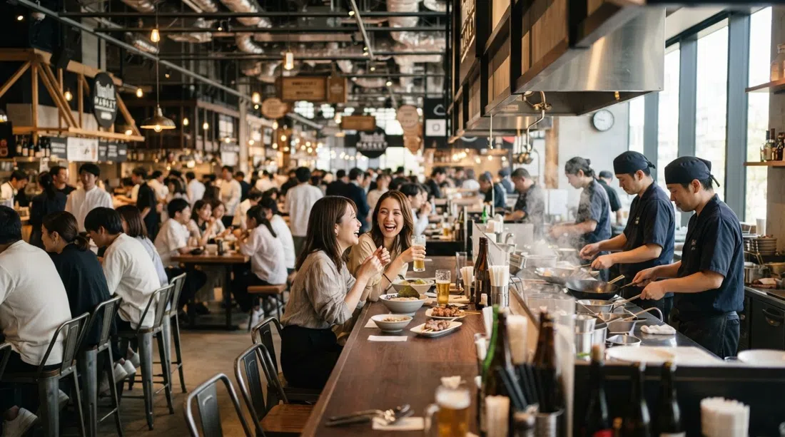 El animado interior de Time Out Market Osaka dentro de Grand Green, con cocinas abiertas, barras y luz brillante de última hora de la tarde