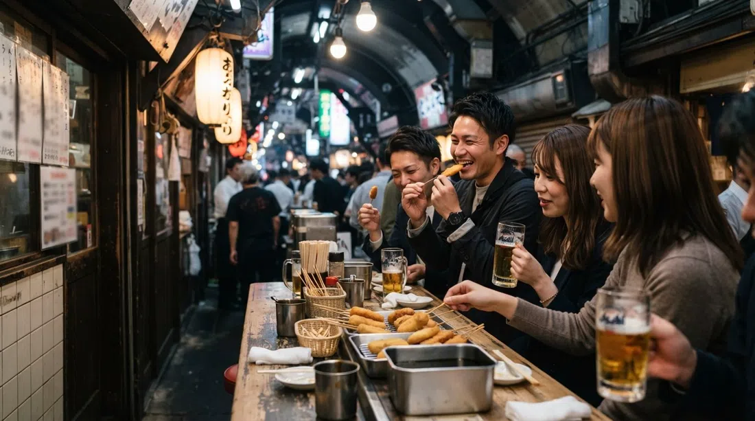 Matsuba Sohonten en Shin-Umeda Shokudogai, mostrador de kushikatsu de pie con brochetas, vasos de cerveza y el ambiente retro y estrecho del callejón bajo las vías