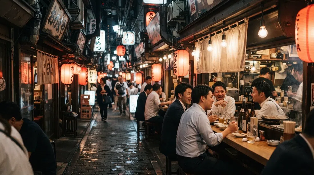 Los callejones traseros de Ohatsu Tenjin Ura-Sando iluminados con farolillos de noche, estrechas fachadas de izakaya, letreros brillantes y pequeños grupos reunidos en mostradores